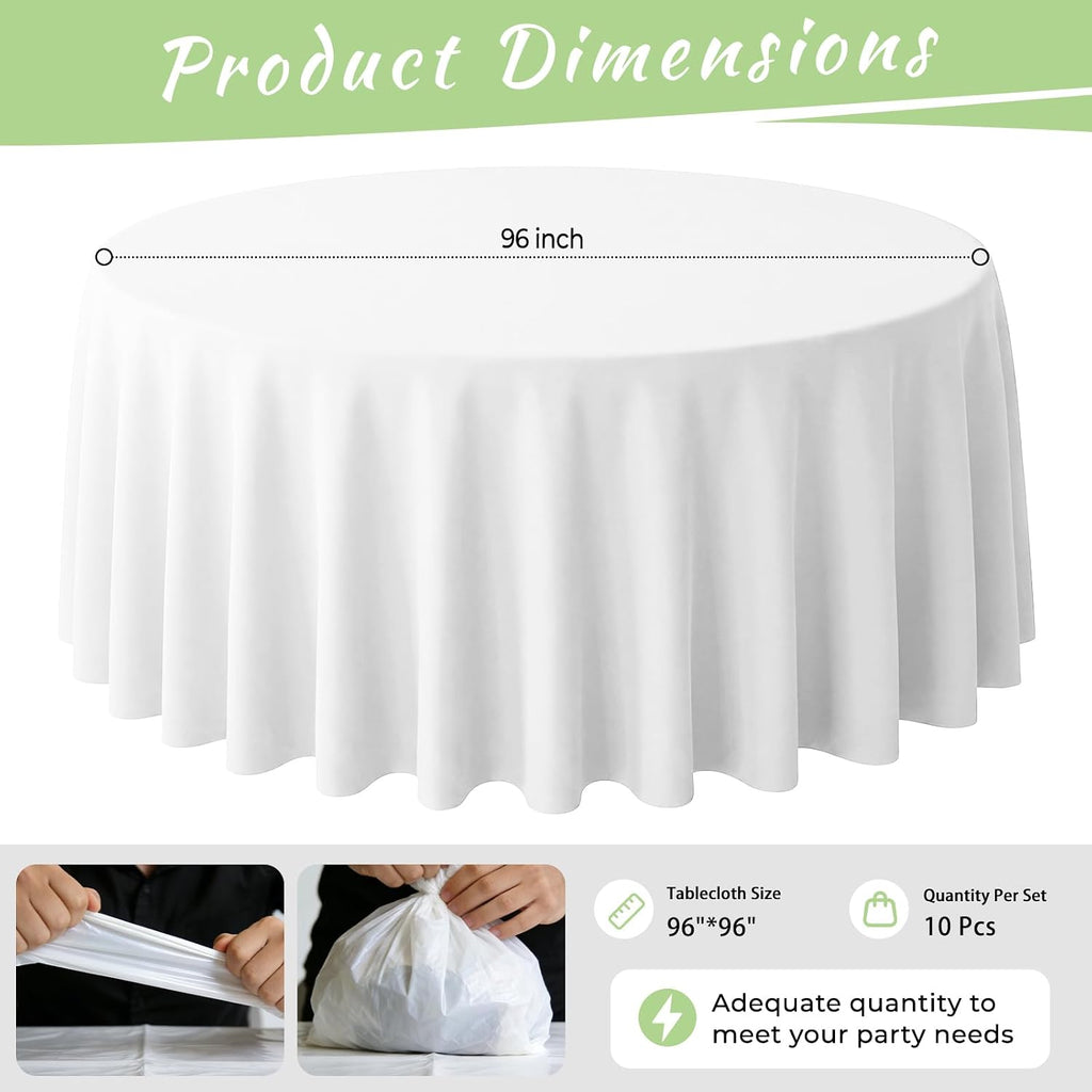 96 Inch Disposable Plastic Tablecloth White, 10 Pack Round Premium Table Covers for Dining, Wedding, Party, Picnic