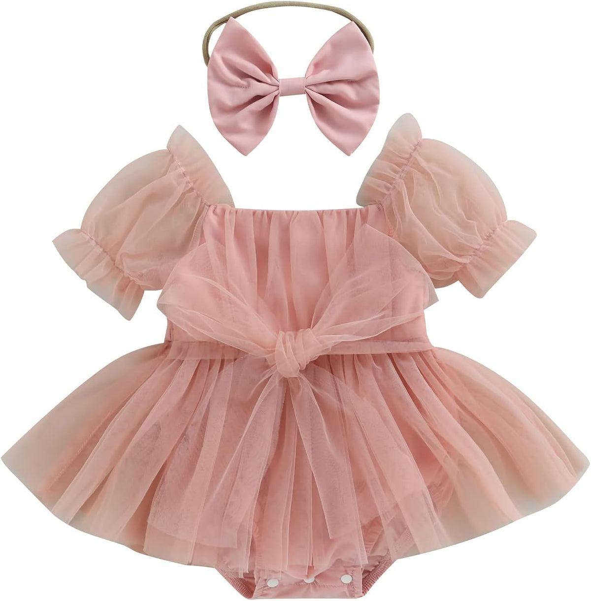 Baby Girl Tulle Dress Romper Sleeveless Onesie Knot Front Pleated Bodysuit Newborn Mesh Princess Outfits