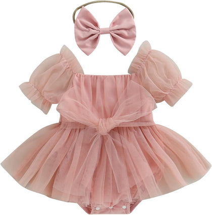 Baby Girl Tulle Dress Romper Sleeveless Onesie Knot Front Pleated Bodysuit Newborn Mesh Princess Outfits
