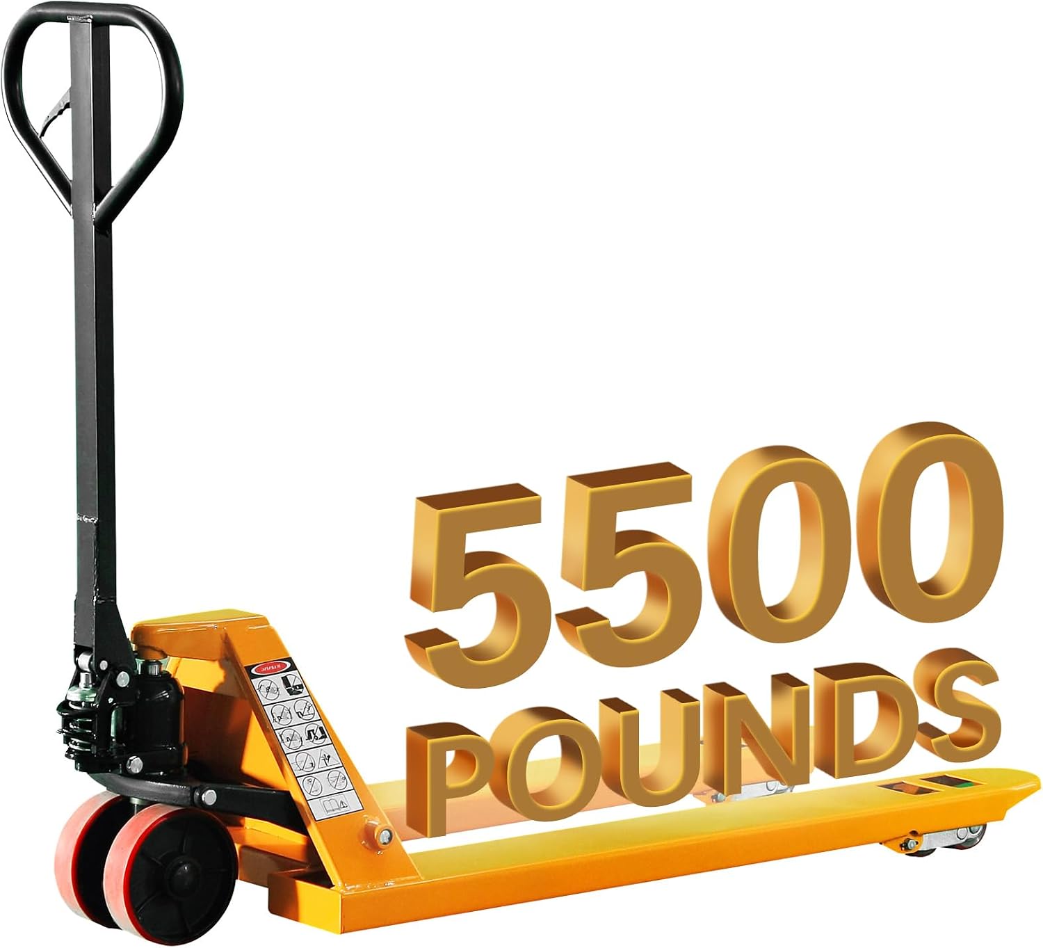 Industrial Duty Pallet Jack Truck with 27" W x 48" L Forks, 5500Lbs. Capacity, Dual PU Wheels, General Purpose Manual