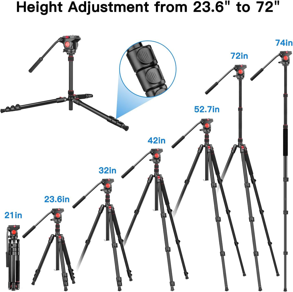 Video Tripod, 72" Heavy Duty Fluid Head Camera Tripod with Carry Bag | Professional Aluminum Camera Tripod Stand