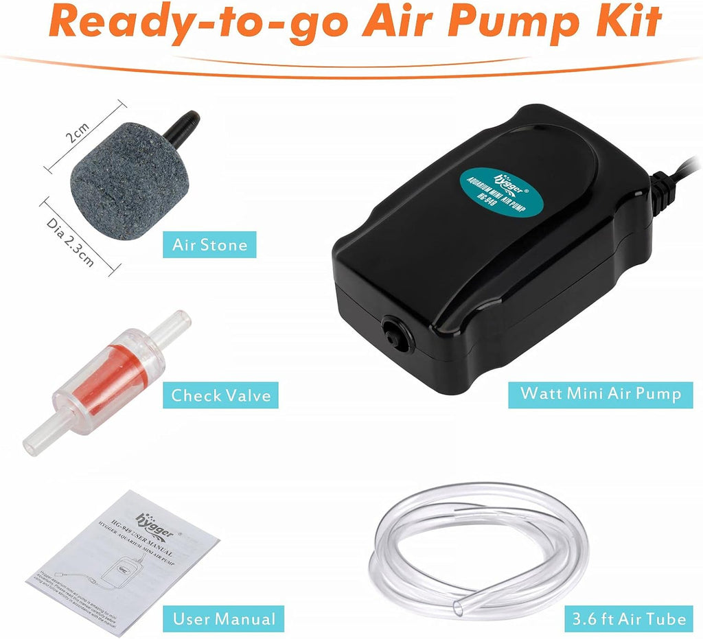 Mini Aquarium Air Pump Kit Small Fish Tank Air Pump 1W for 2-20 Gallon Fish Bowl with Air Tube Air Bubbler Stone