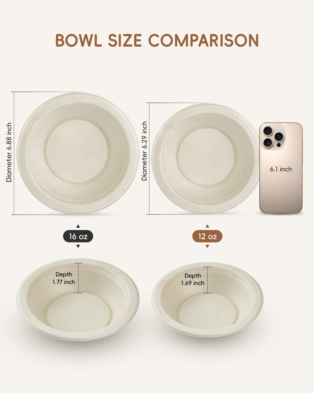 500 Pack Natural Brown 12 oz Compostable Sugarcane Soup Bowls
