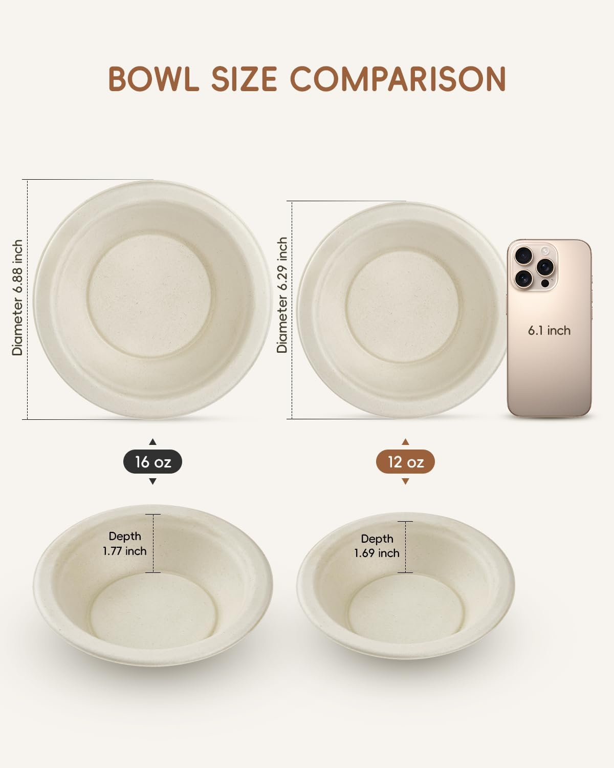 500 Pack Natural Brown 12 oz Compostable Sugarcane Soup Bowls