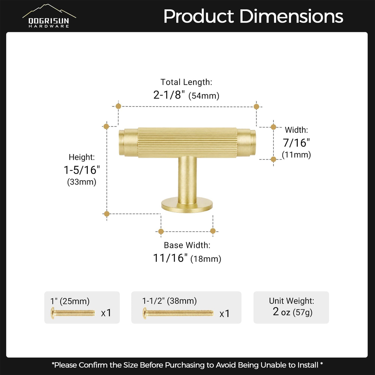 5-Pack Solid Brass Cabinet Knobs, Single Hole T Bar Handles
