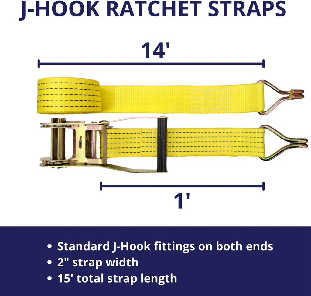 Ratchet Tie Down Straps, 2 in x 15 ft, 5,000 lb Breaking Strength, J-Hook, 6-Pack