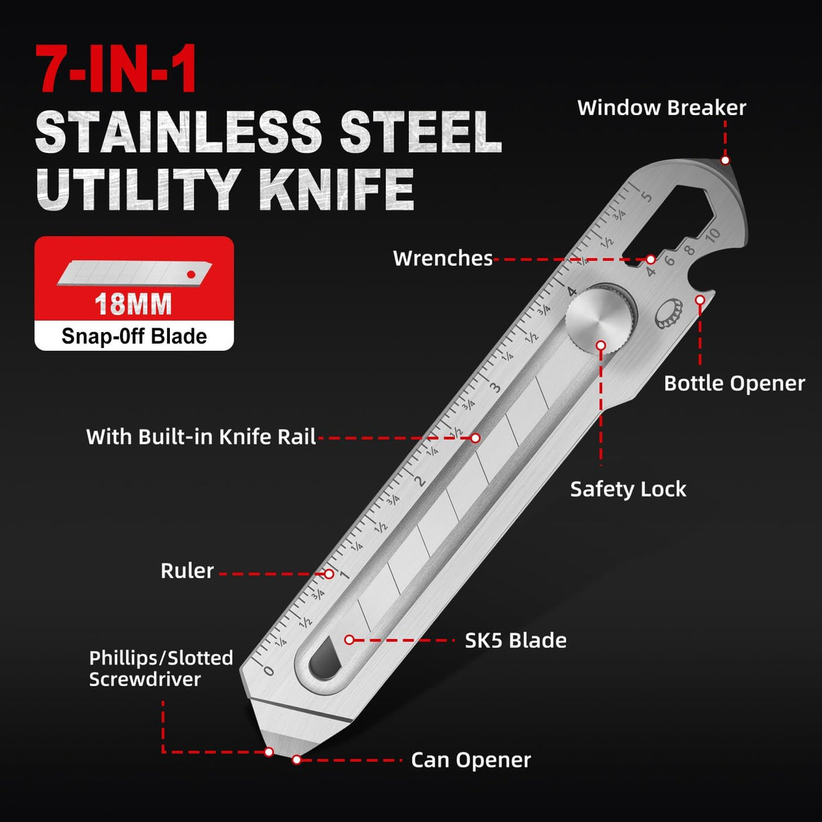 2PC 7-in-1 Stainless Steel Utility Knife, 18mm Snap-Off Box Cutter
