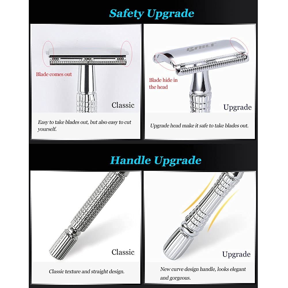 Classic 3-Piece Double Edge Safety Razor Wet Shaving for Men Women with Platinum Blade and Mirrored Travel Case BD176
