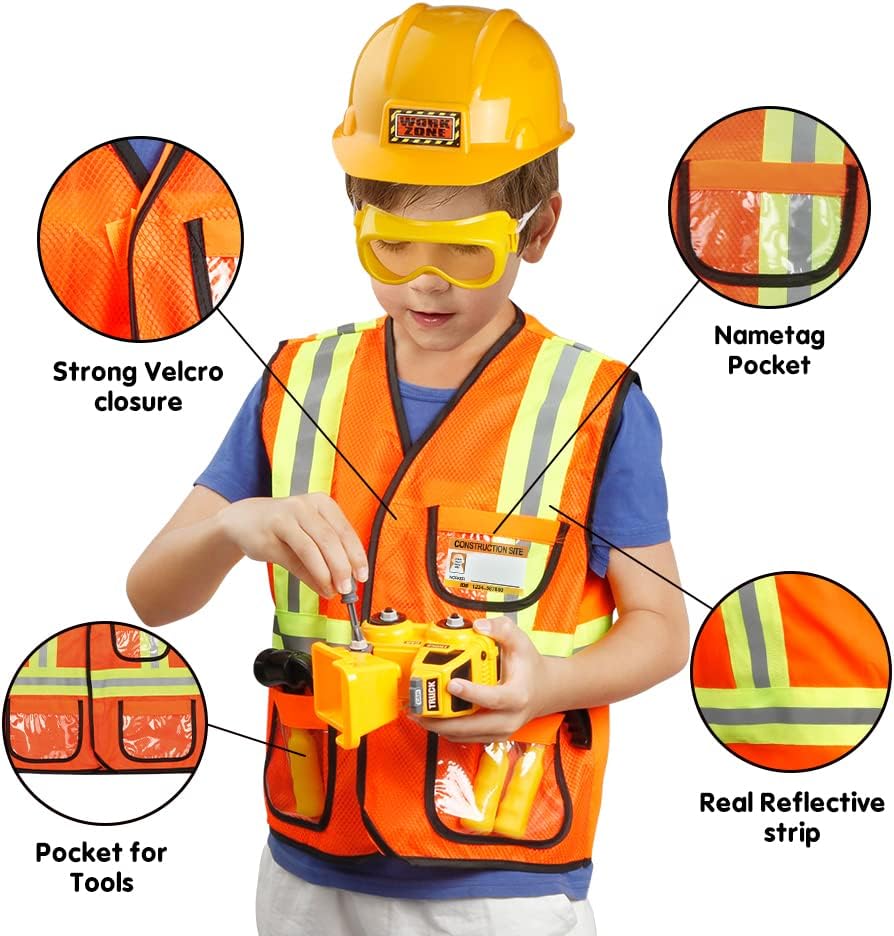 Construction Worker Costume for Boys, Pretend Builder Career Outfit with Self-assembly Engineer truck, Role Play