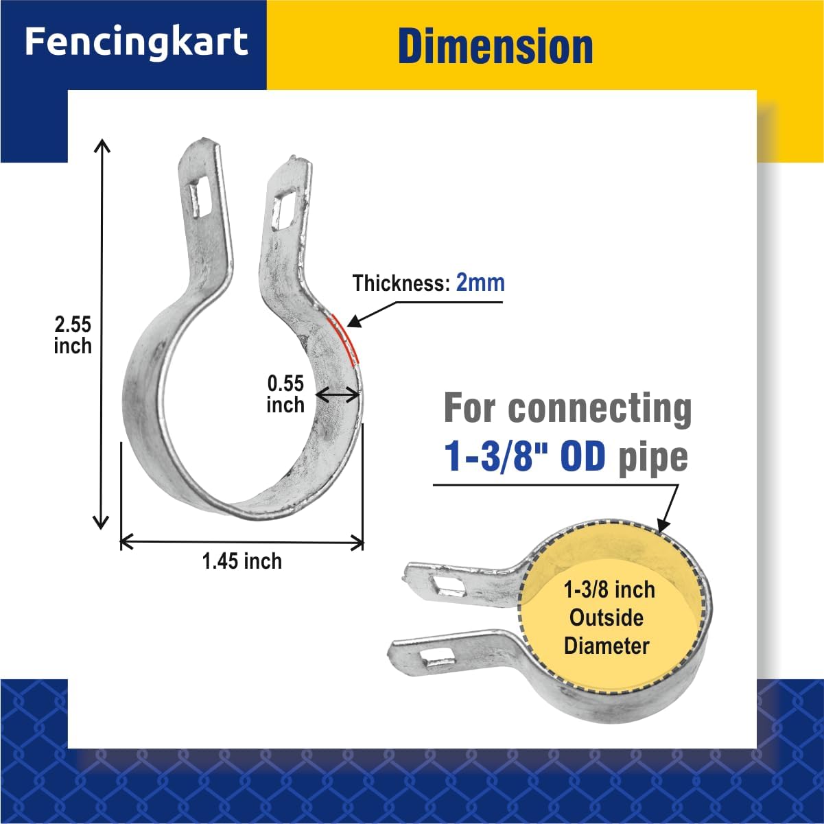 Galvanized Steel Brace Bands for Chain Link Fence, with Nuts & Bolts, Fence Parts (Silver, 1-3/8")