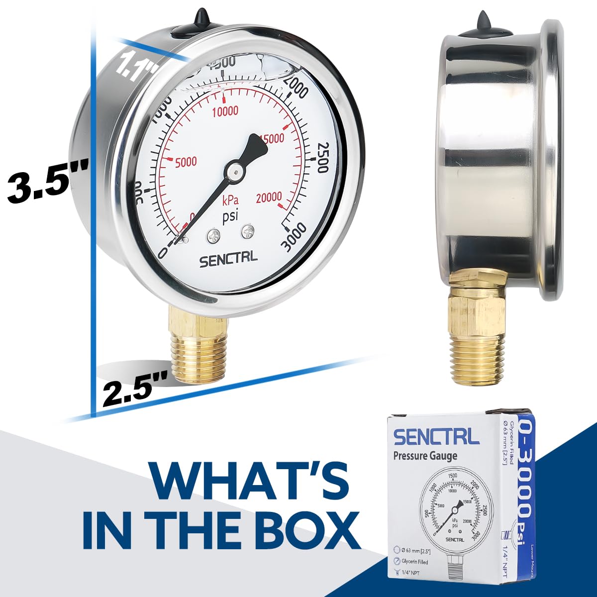 SENCTRL 3000 Psi Glycerin Liquid Filled Hydraulic Pressure Gauge