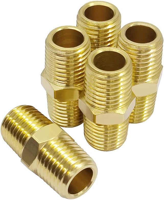 Hooshing 5PCS Brass Hex Nipple 1/8" x 1/8" NPT Male to Male Pipe Fitting