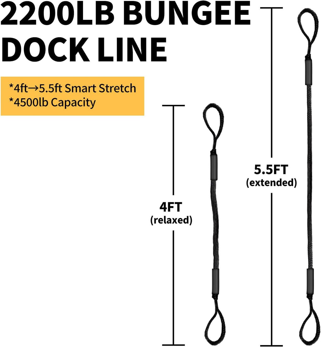 Bungee Dock Lines, Boat Tie Downs for Docking, 2-Pack, Black, 4FT