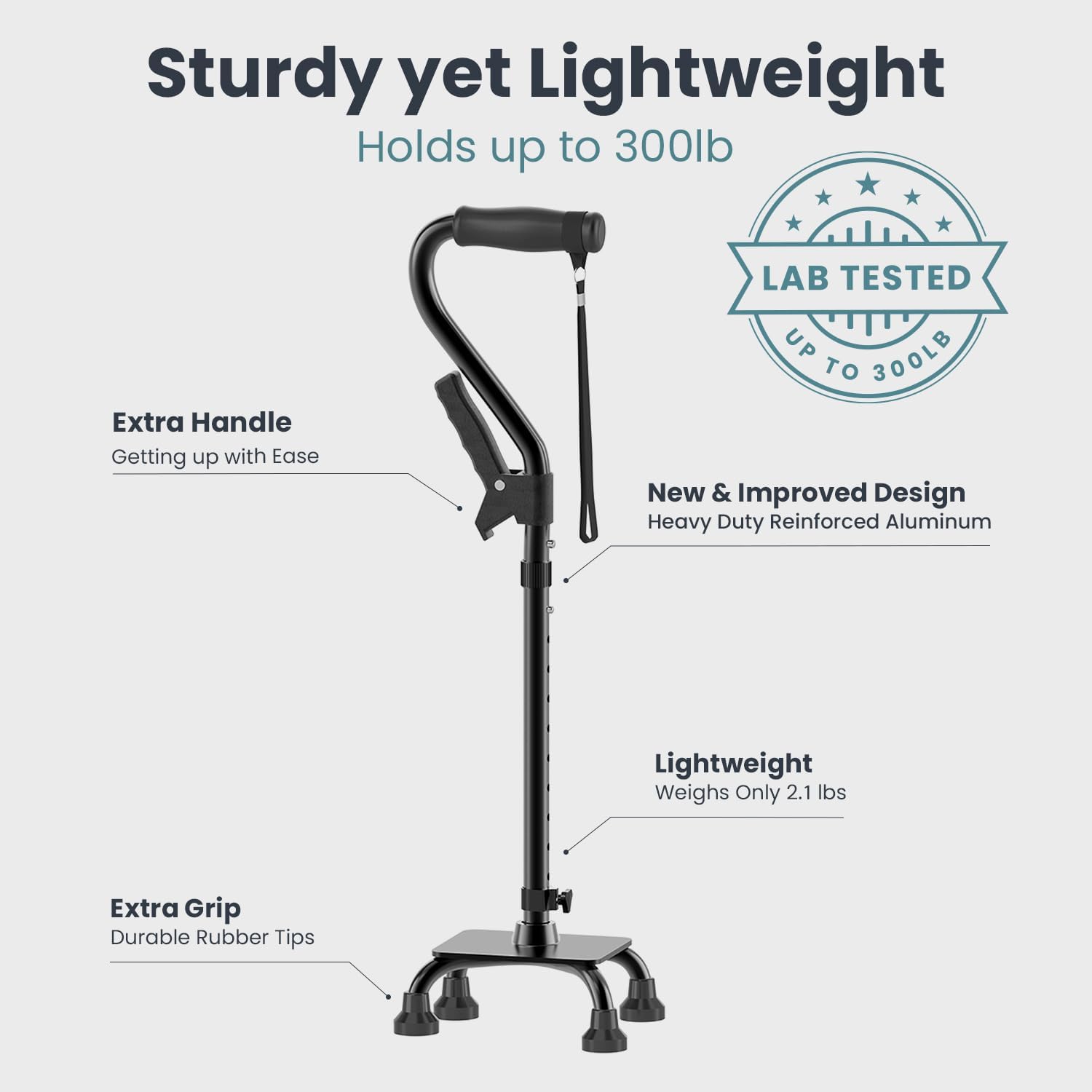 Quad Cane (300LB) - Adjustable Walking Cane with A Large 4 Pronged Base for Extra Balance & Stability, Walking Canes