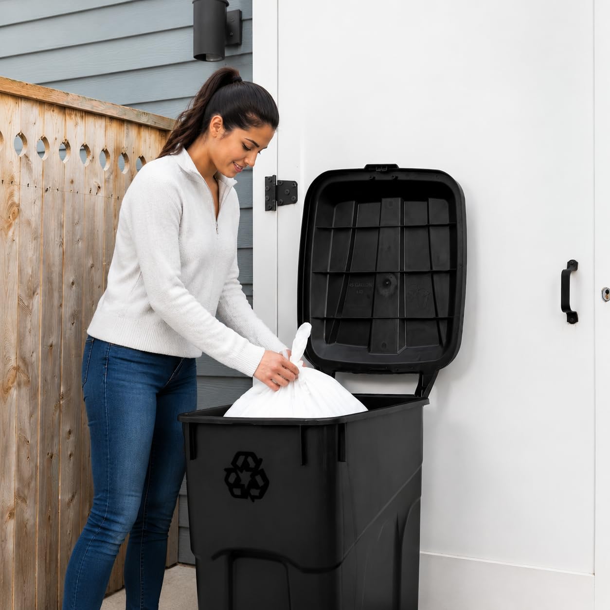 32 Gallon Wheeled Heavy Duty Garbage Can with Attached Lid, Durable Plastic Outdoor Trash Can for Home, Garage &