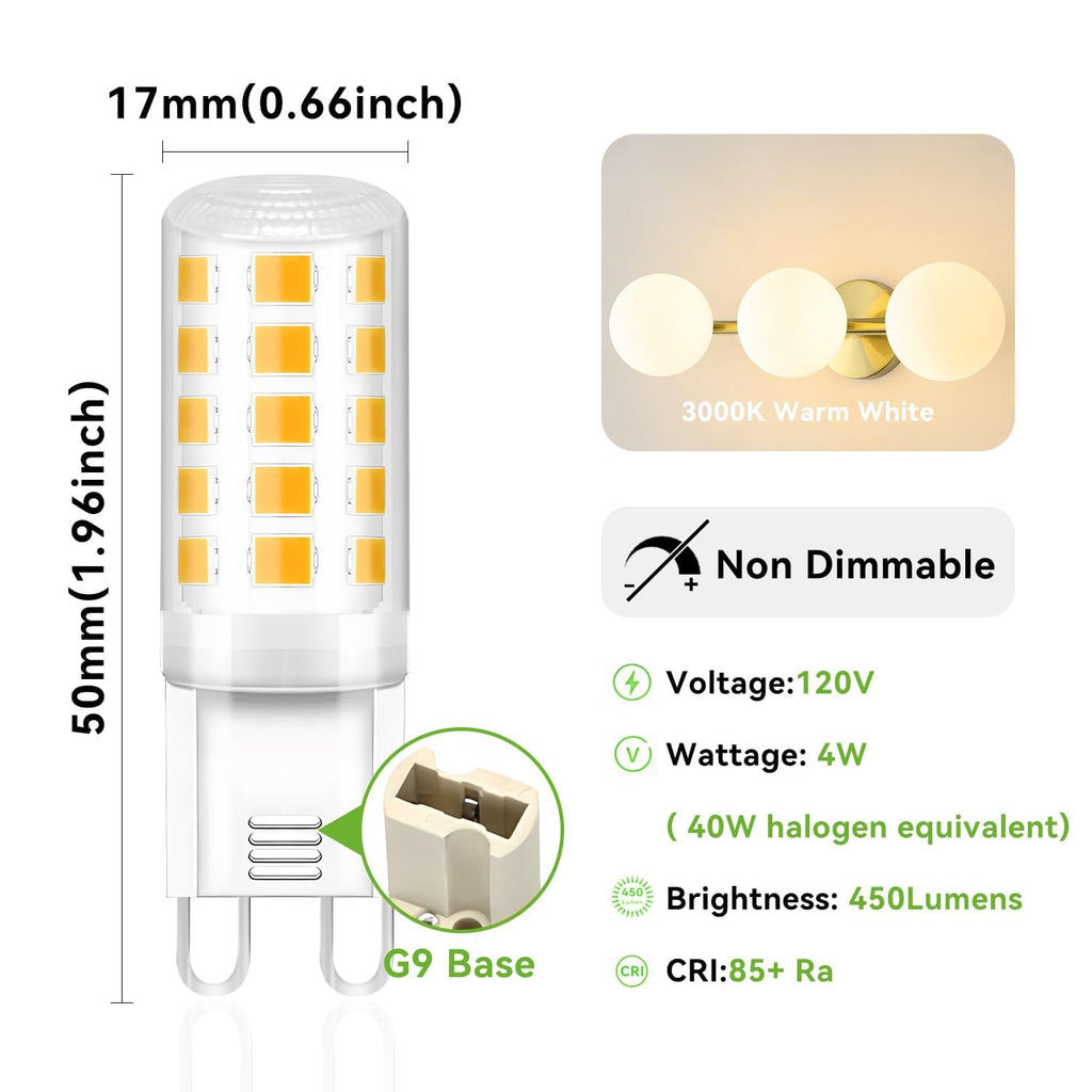12 Pack G9 LED Bulb, Eq 40 Watt G9 Halogen Bulb, 3000K Soft Warm White