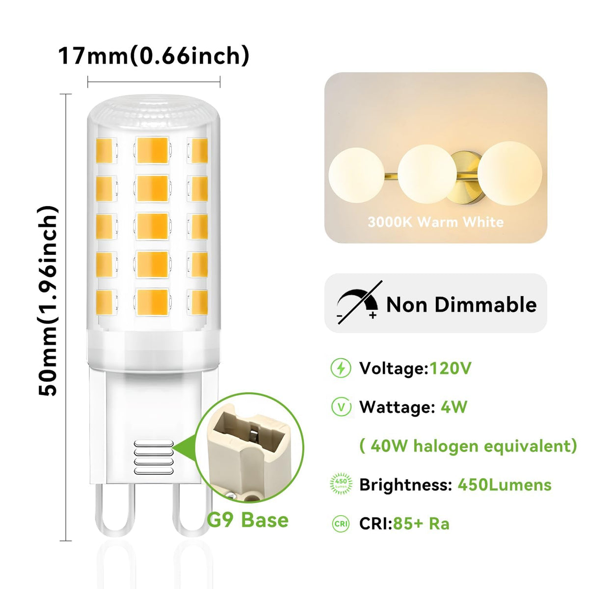 12 Pack G9 LED Bulb, Eq 40 Watt G9 Halogen Bulb, 3000K Soft Warm White
