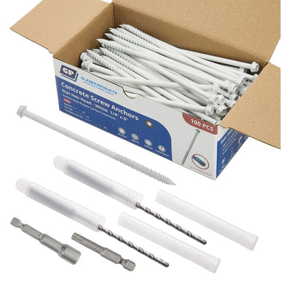 1/4" x 6" Concrete Screws, White Hex Head with Star Drive, 100 Pack w/ 2 Drill Bits, 1 Star Bit, & 1 Hex Bit Included