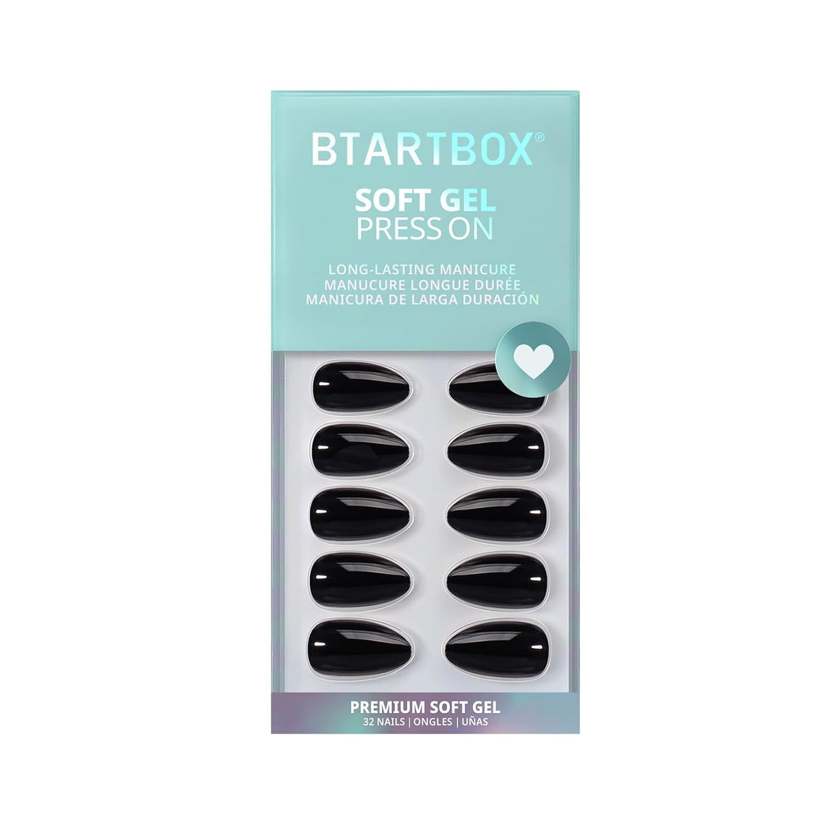 Press on Nails, Short Almond Black Fake Nails, 32Pcs Full Kit