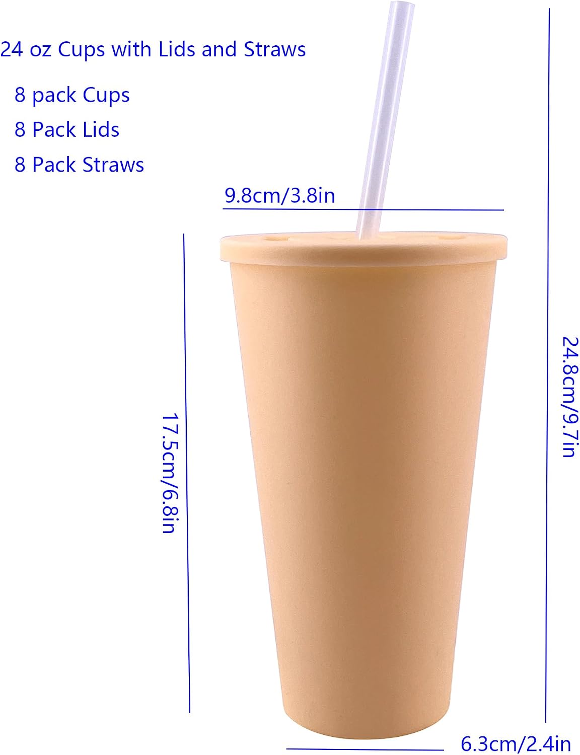 24 oz Cup with Lid Straw set of 8, Reusable Plastic Tumbler Vibrant | Coffee, BPA Free, Food Grade PP, Leak-Proof
