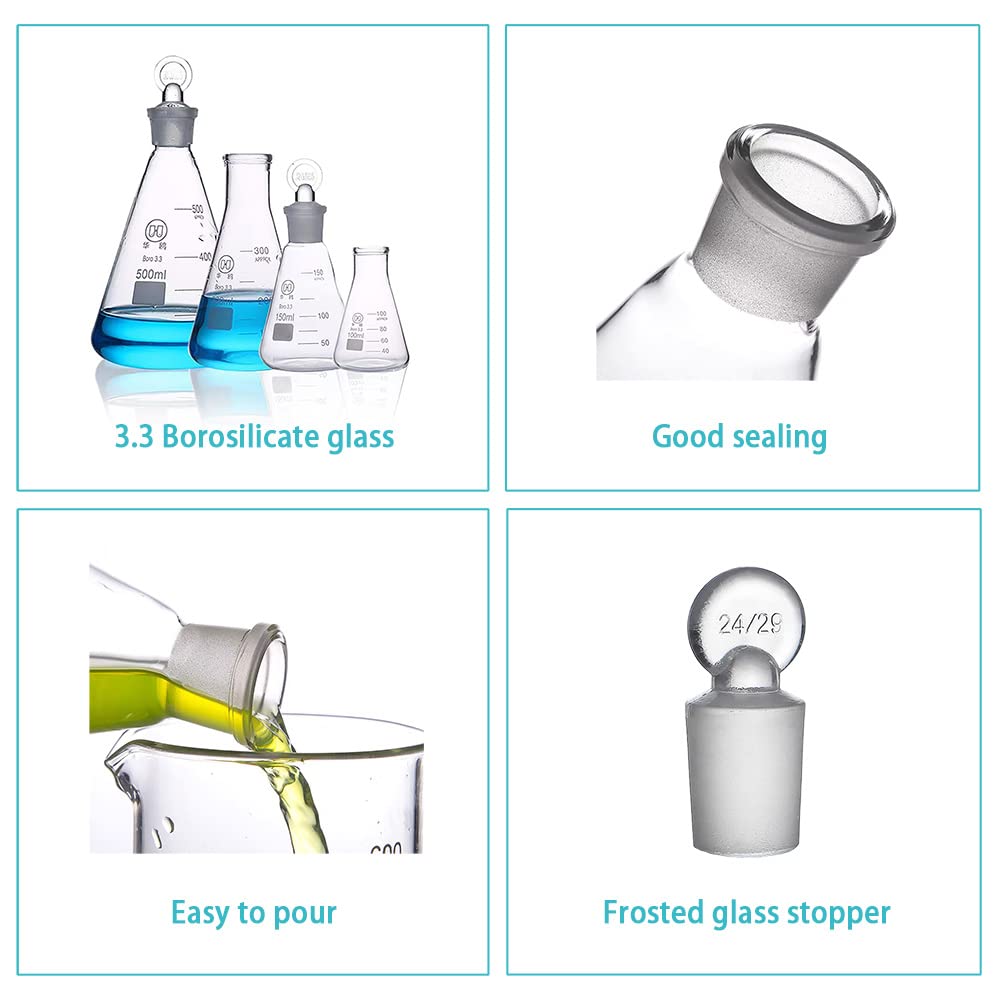 250ml Glass Erlenmeyer Flask Set, 3pcs Laboratory Glassware Flask with Glass Stopper for Chemistry Classroom Home