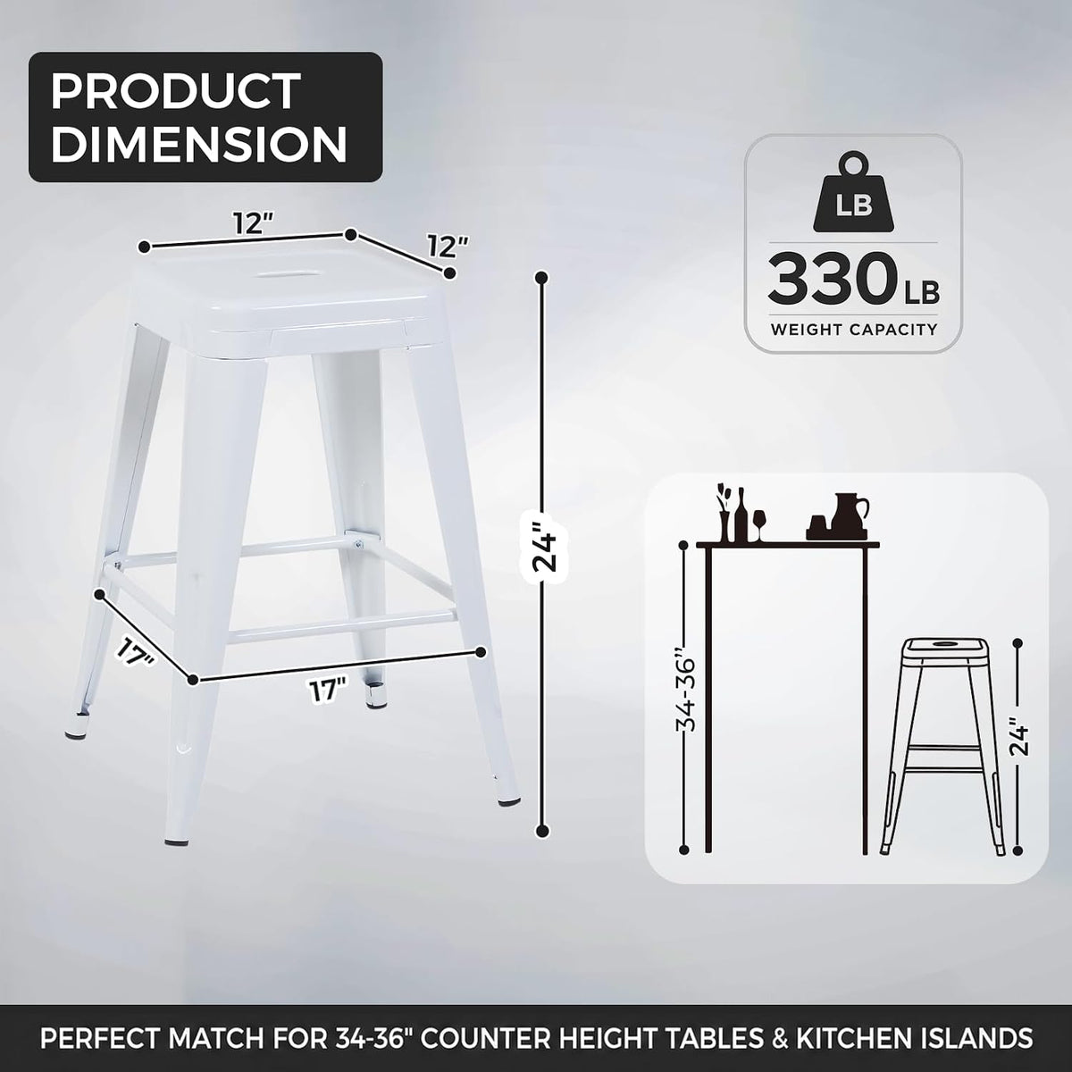24 Inch White Metal Counter Stools, Set of 6, Backless