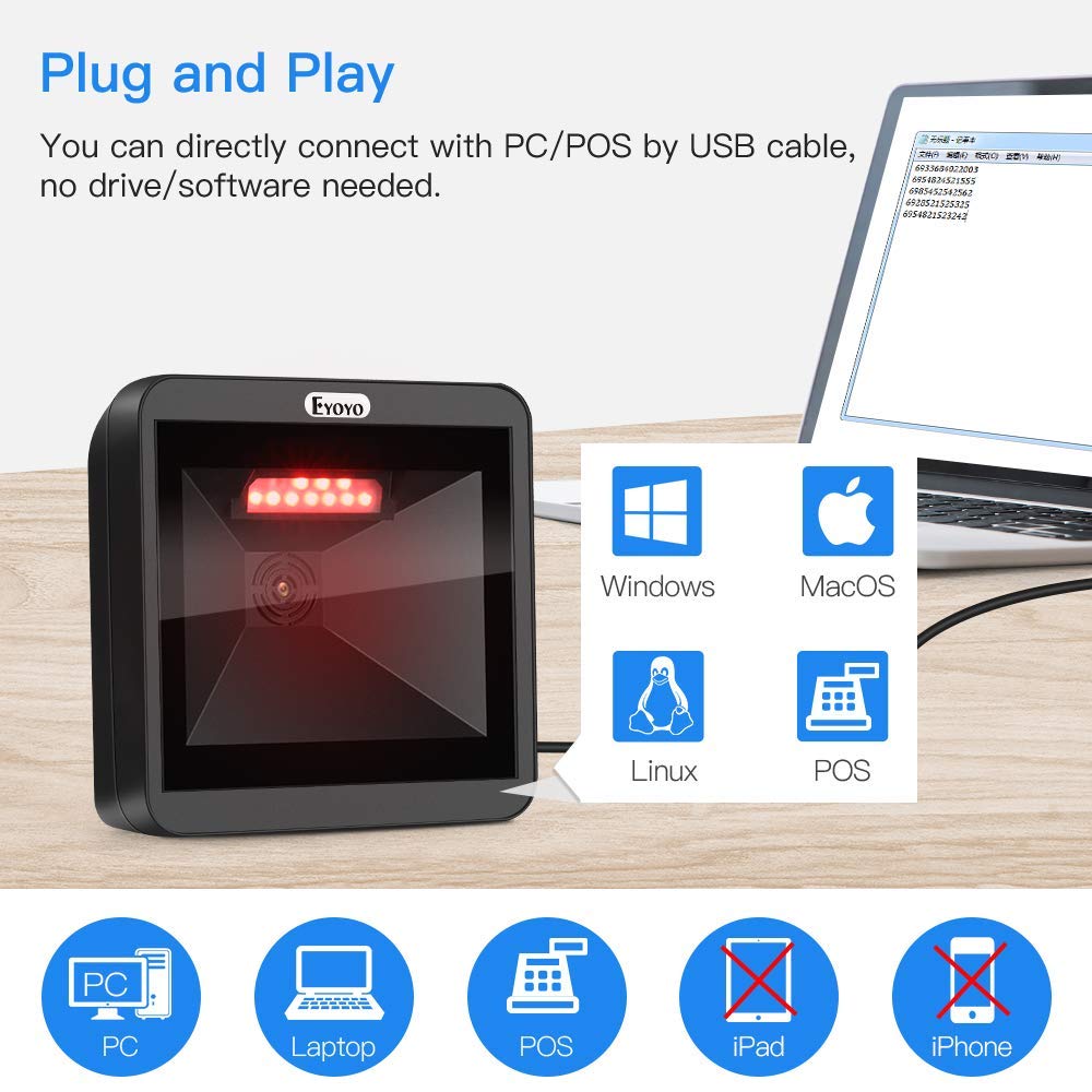 Omnidirectional Desktop Hands-Free Automatic 1D 2D QR Barcode Scanner