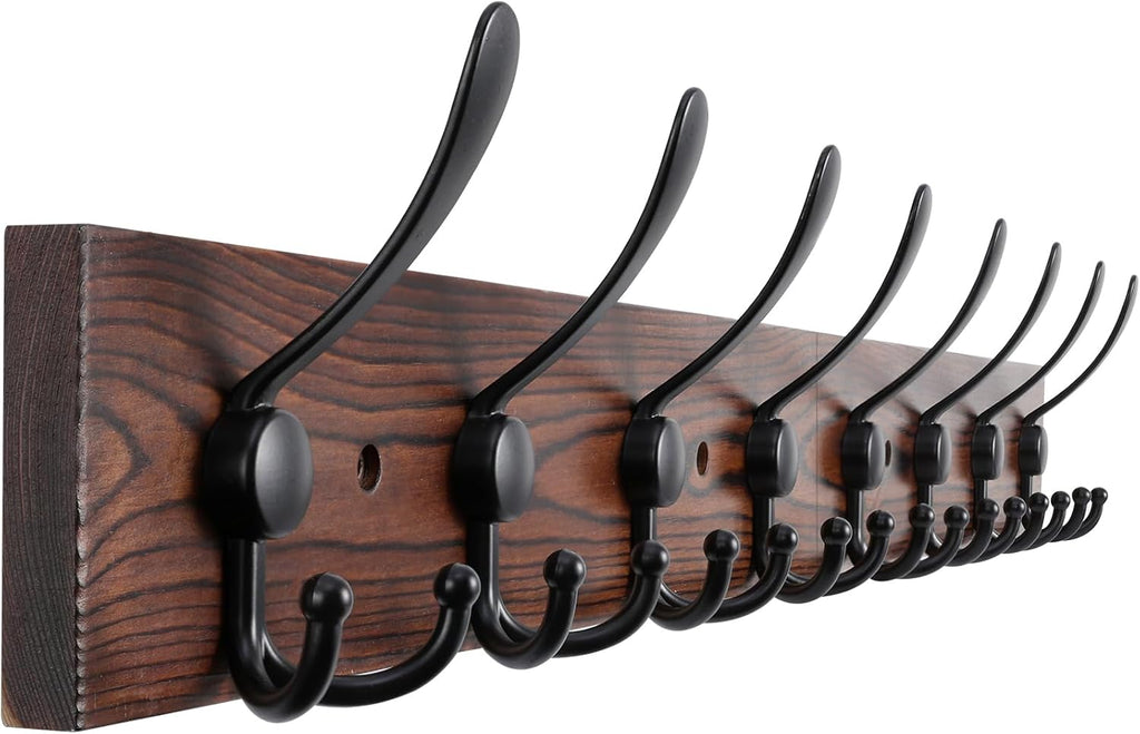 32.2'' Large Coat Rack Wall Mount Coat Hooks Coat Hanger with 8 Metal Black Triple- Hooks Brown Pine Real Wood Plank