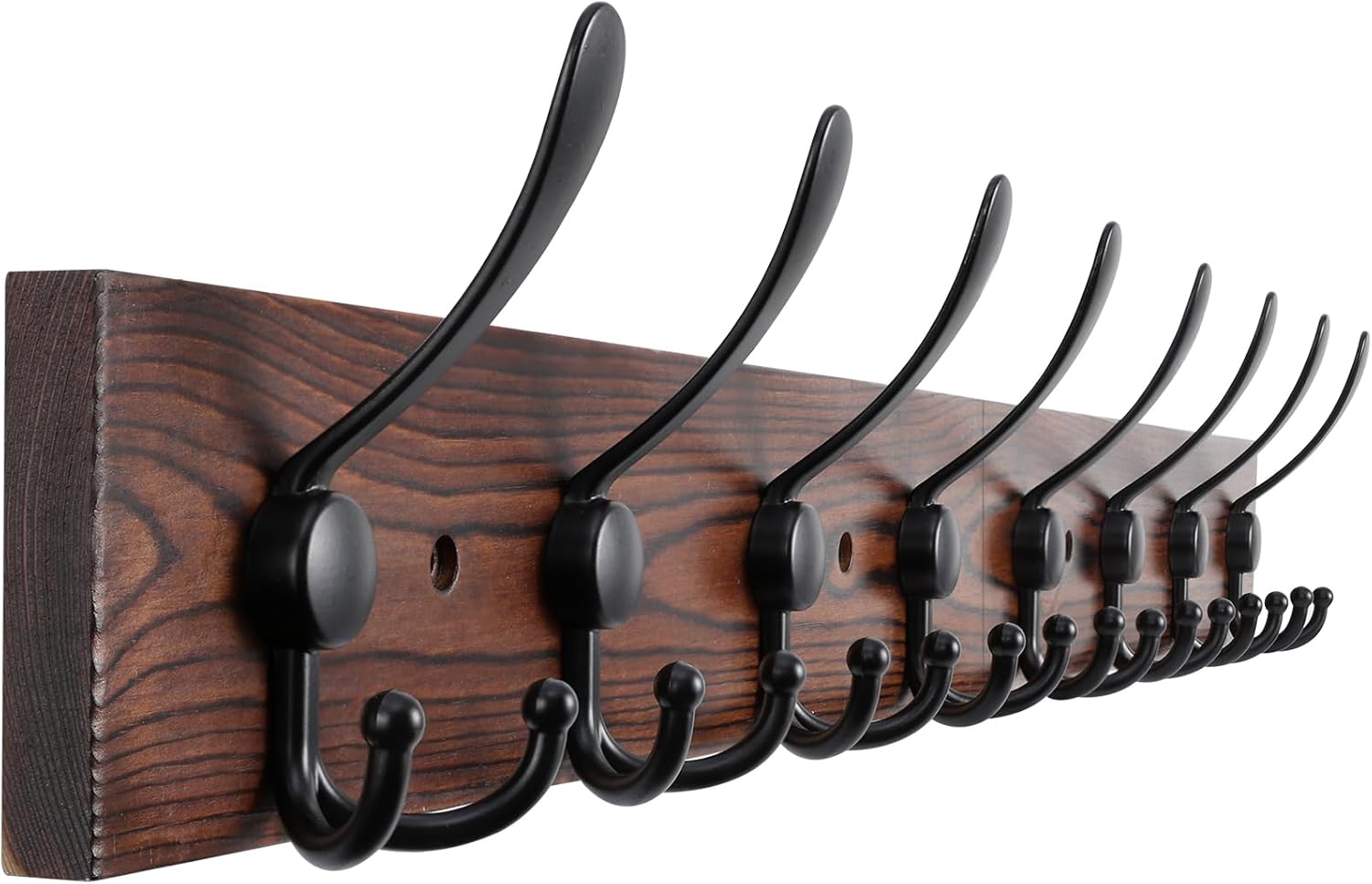 32.2'' Large Coat Rack Wall Mount Coat Hooks Coat Hanger with 8 Metal Black Triple- Hooks Brown Pine Real Wood Plank
