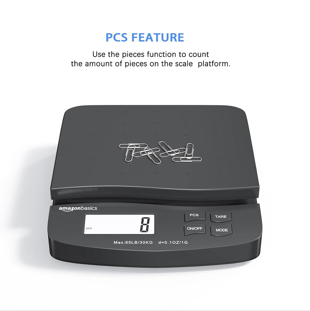 Digital Postal Shipping Scale with Tare Function, AC Adapter, 65 lb Capacity, 0.1 oz Readability, LCD Display, Black