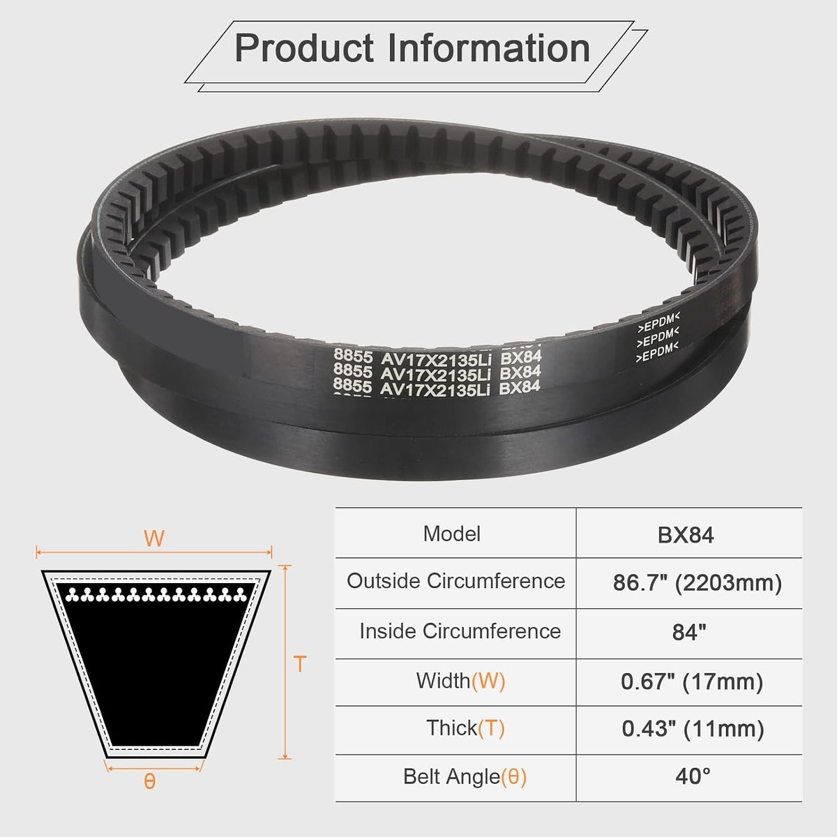 uxcell BX84 EPDM V-Belt, Raw Edge Cogged Industrial Rubber V Belt 0.67" Width x 84" Inside Circumference