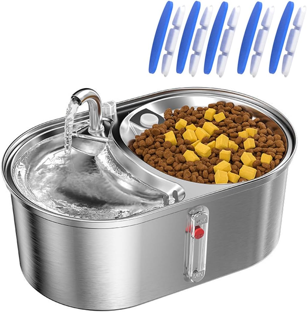 Dual Bowl Cat Water Fountain 3L/101oz,Stainless Steel Pet Drinking Fountain,2-in-1 Cat Bowls for