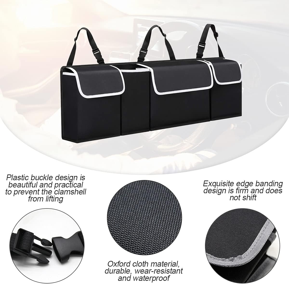 Car Trunk Organizer with Lid, Backseat Hanging Storage Bag with 4 Pockets & 3 Adjustable Straps, Waterproof PVC