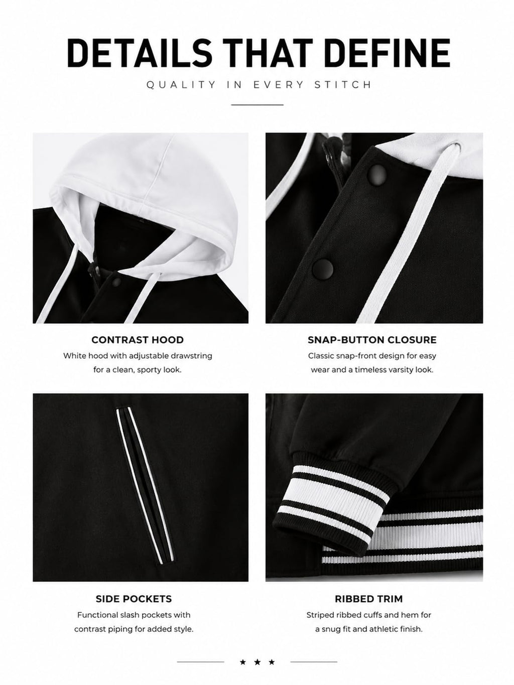 Men Varsity Jacket Hooded Sweatshirt Baseball Sports Jacket Black-M