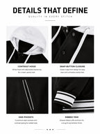 Men Varsity Jacket Hooded Sweatshirt Baseball Sports Jacket Black-M