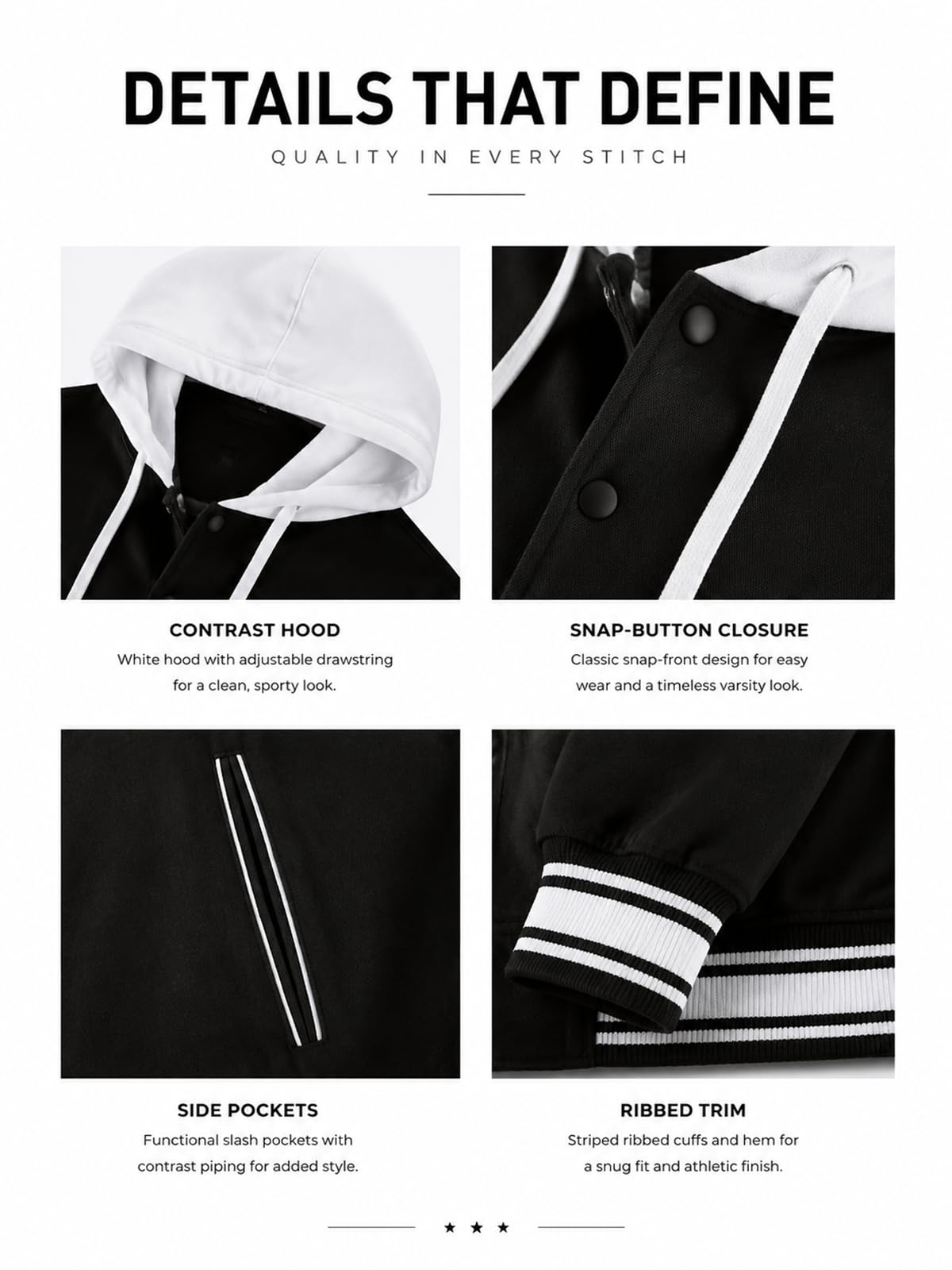 Men Varsity Jacket Hooded Sweatshirt Baseball Sports Jacket Black-M