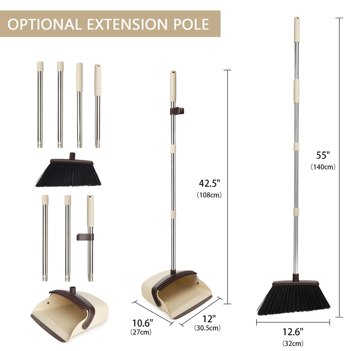 Broom and Dustpan Combo Set,55" Long Handle,Beige