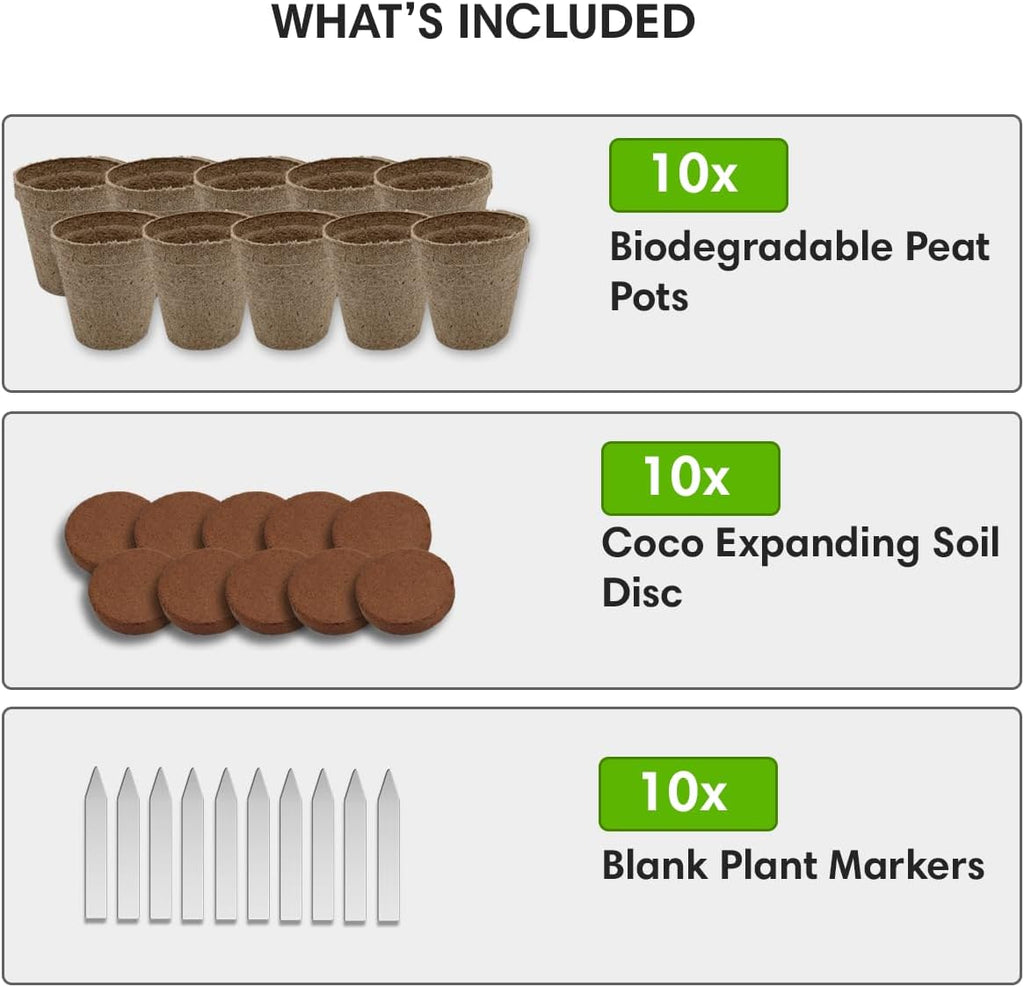 Seedling Starter Kit Germination Grow Cups and Soil (10 Pack) Biodegradable Peat Pots, Coco Coir Soil Discs, Plant