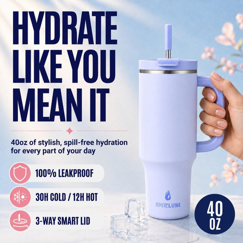 Travel 40oz Tumbler with Handle & Straw, 100% Leakproof, Triple-Insulated, Keeps Drinks Cold 30H/ Hot 12H, Stainless