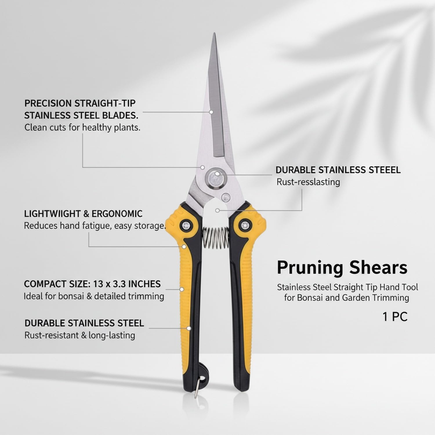 Stainless Steel Straight Tip Pruning Shears for Bonsai & Garden Trimming - Ergonomic Hand Tool (1 Pack)