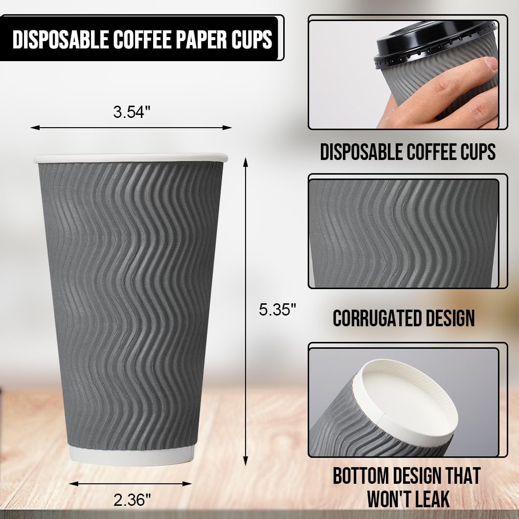 100 Pack 16 oz Paper Coffee Cups with Lids Disposable for Hot Drink