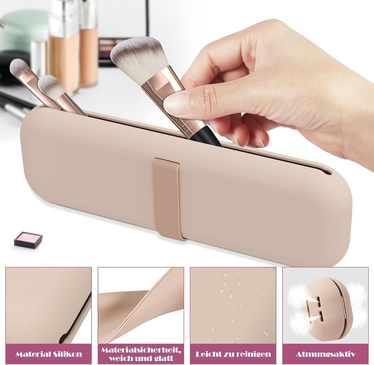 2-in-1 Silicone Makeup Brush Holder Travel Case, Khaki