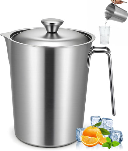 304 Stainless Steel Pitcher with Lid, 1 L/34 oz Metal Measuring Cup with Handle & Marking, Milk Frothing Jug, Large