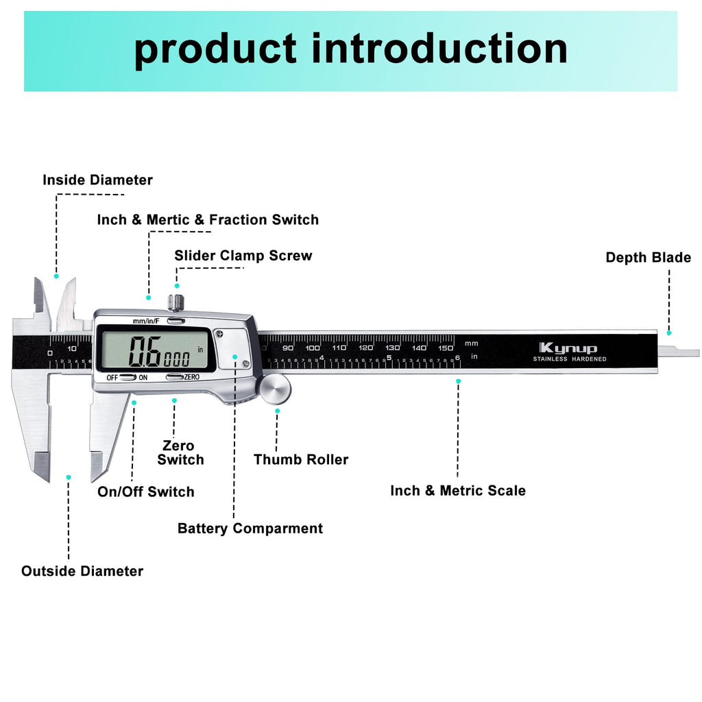Kynup Digital Caliper, Caliper Measuring Tool, Micrometer, Full Turn Off