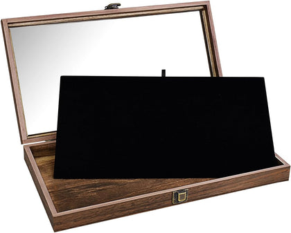 Wood Jewelry Display Case with Tempered Glass Top, Black Velvet Pad | Wood display case with a glass top and