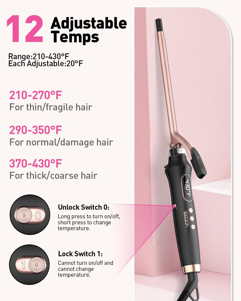 3/8 inch Thin Curling Iron,Extra Long Barrel for Tight Curls
