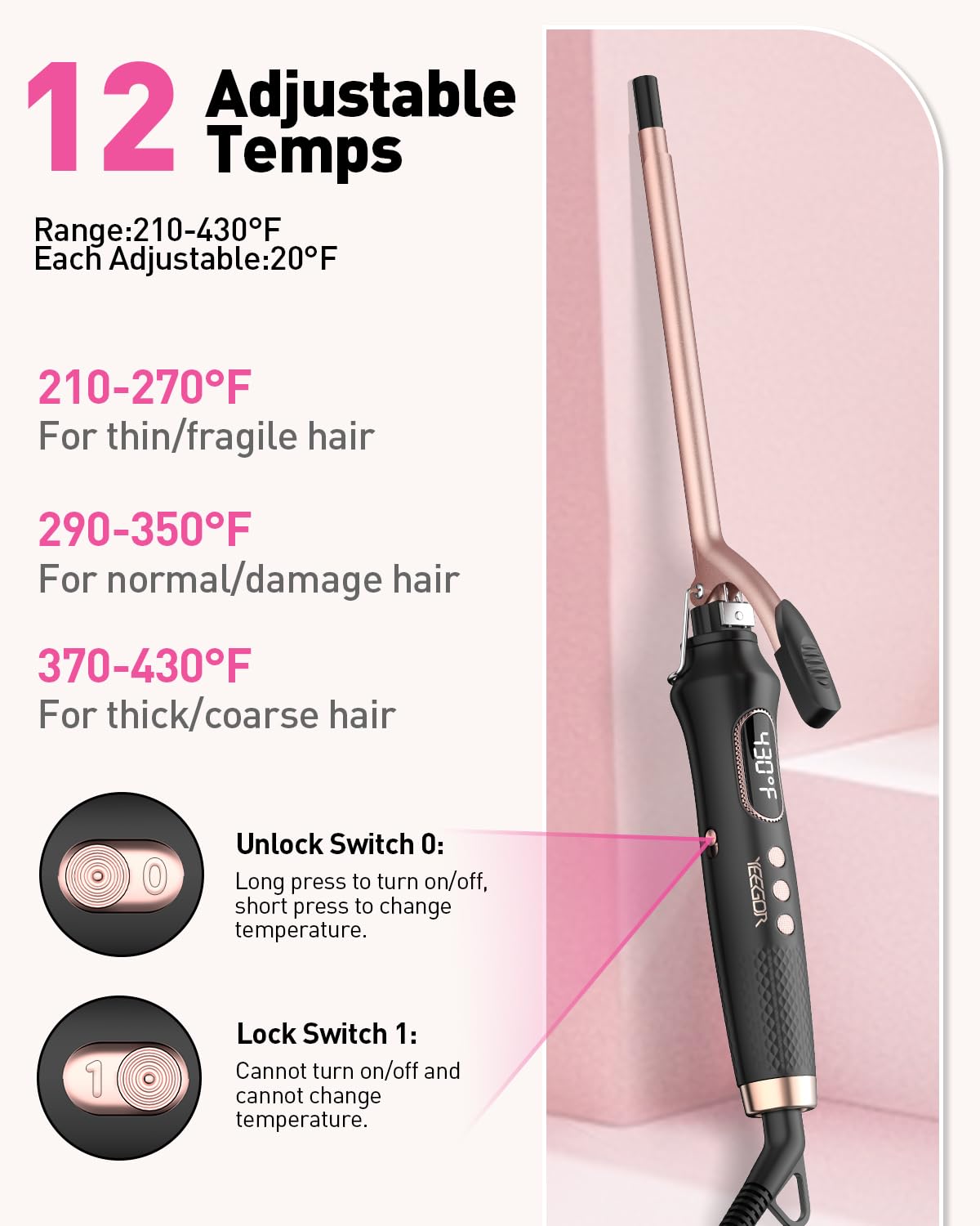 3/8 inch Thin Curling Iron,Extra Long Barrel for Tight Curls