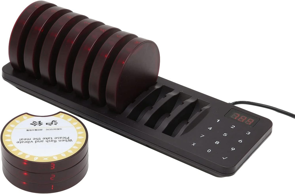Wireless Calling System with 1 Host and 10 Pagers, 300m Range, Disc Charging, Flashing, Buzzer, and Vibration