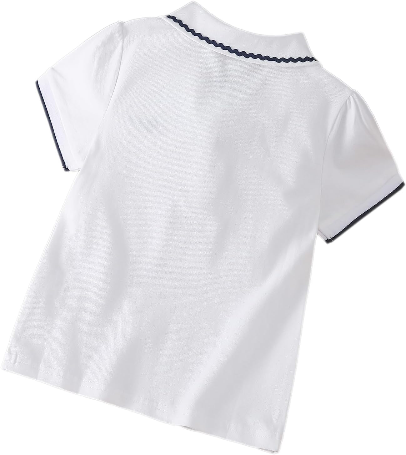 Girls Polo Shirt, White Short Sleeve Peter Pan Collar Top with Navy Trim, Ages 4-12