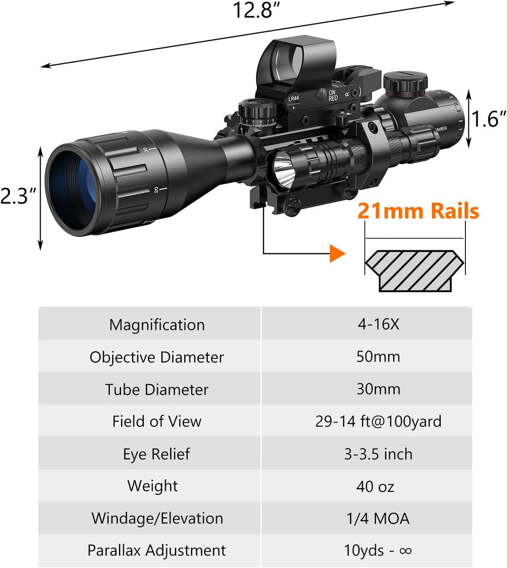 4-16x50 AO Scope Combo with Green/Red Dual Laser Sight, 5-in-1 Combo with Dual Illuminated Optics Scope & 4 Reticle